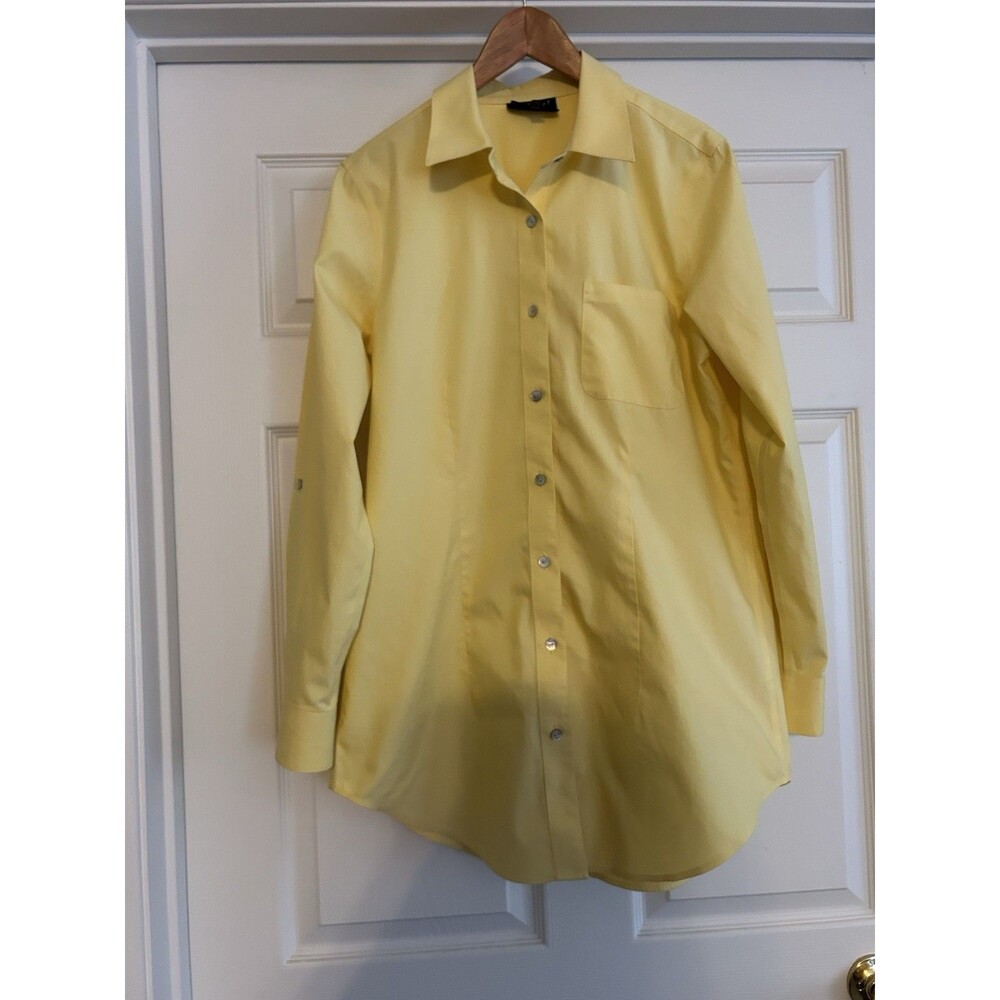 Foxcroft Butter Yellow no-iron button front long sleeve Shaped shirt tunic Sz 12